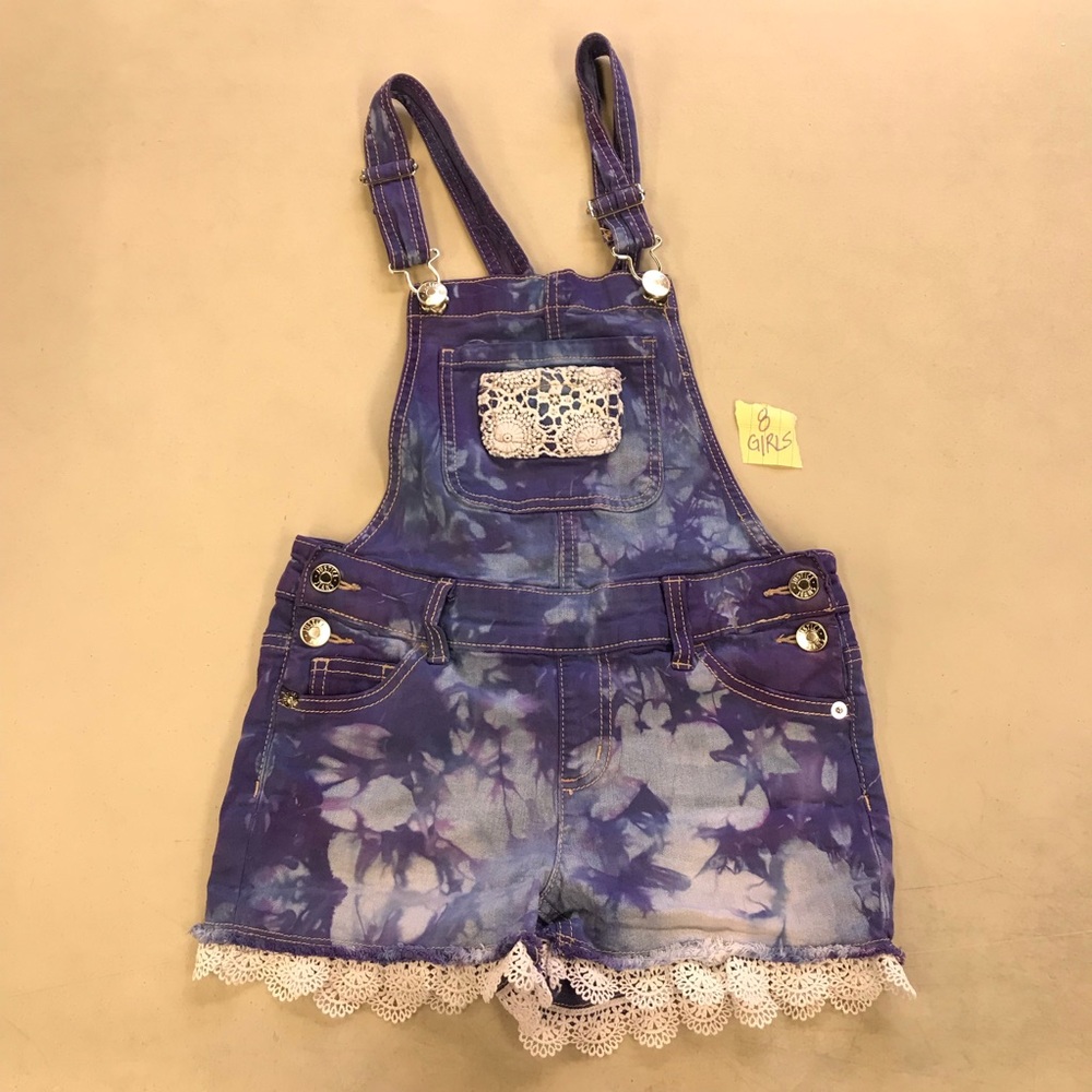 Tie Dye Justice Girls Overall Shorts sz 8 Blues Purples Upcycled SUPER CUTE!!